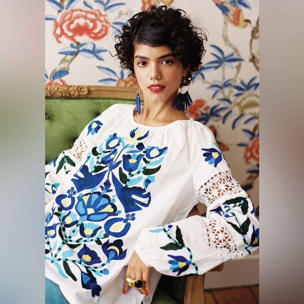 Frances Valentine Saskia Embroidered Top 100% Cotton Blue Green Floral 1X EUC